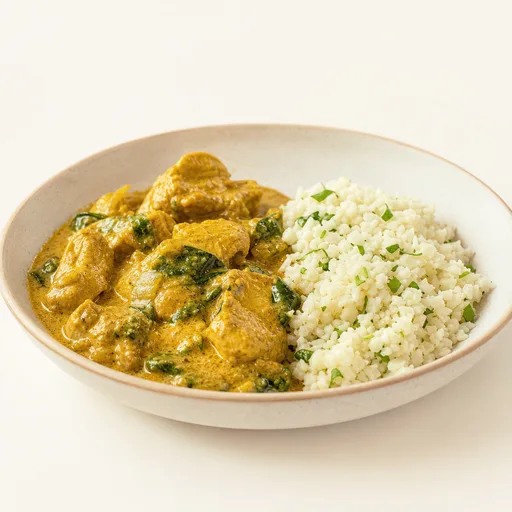 Curry de pollo con leche de coco y arroz de coliflor