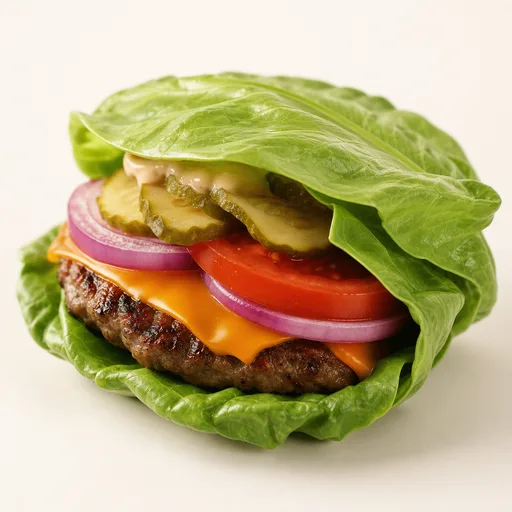 Hamburguesa sin pan envuelta en hojas de lechuga